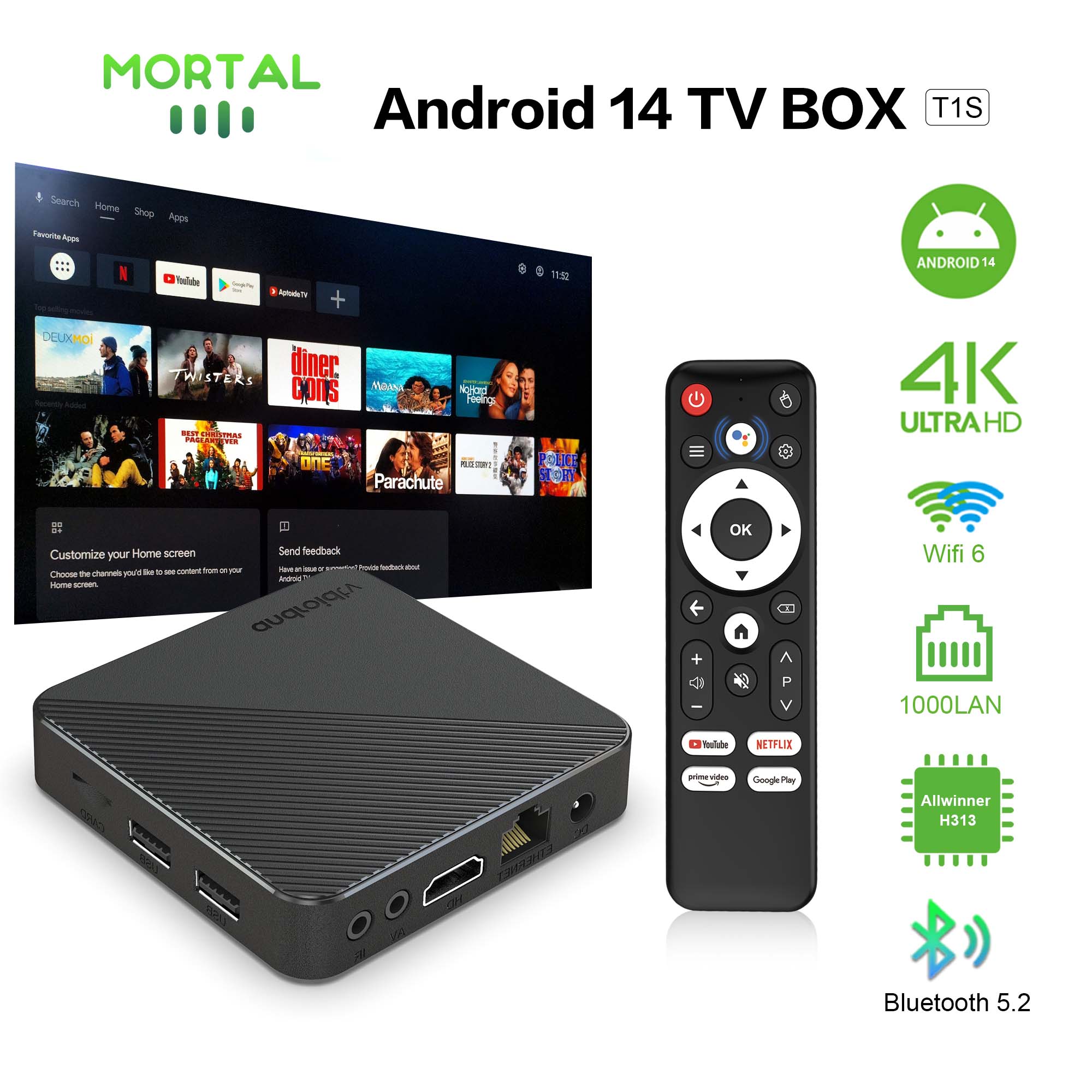 Smart Home Plus - กล่องทีวีโฮมเธียเตอร์อัจฉริยะ Android14 T1S AllwinnerH313 ชิป Quad